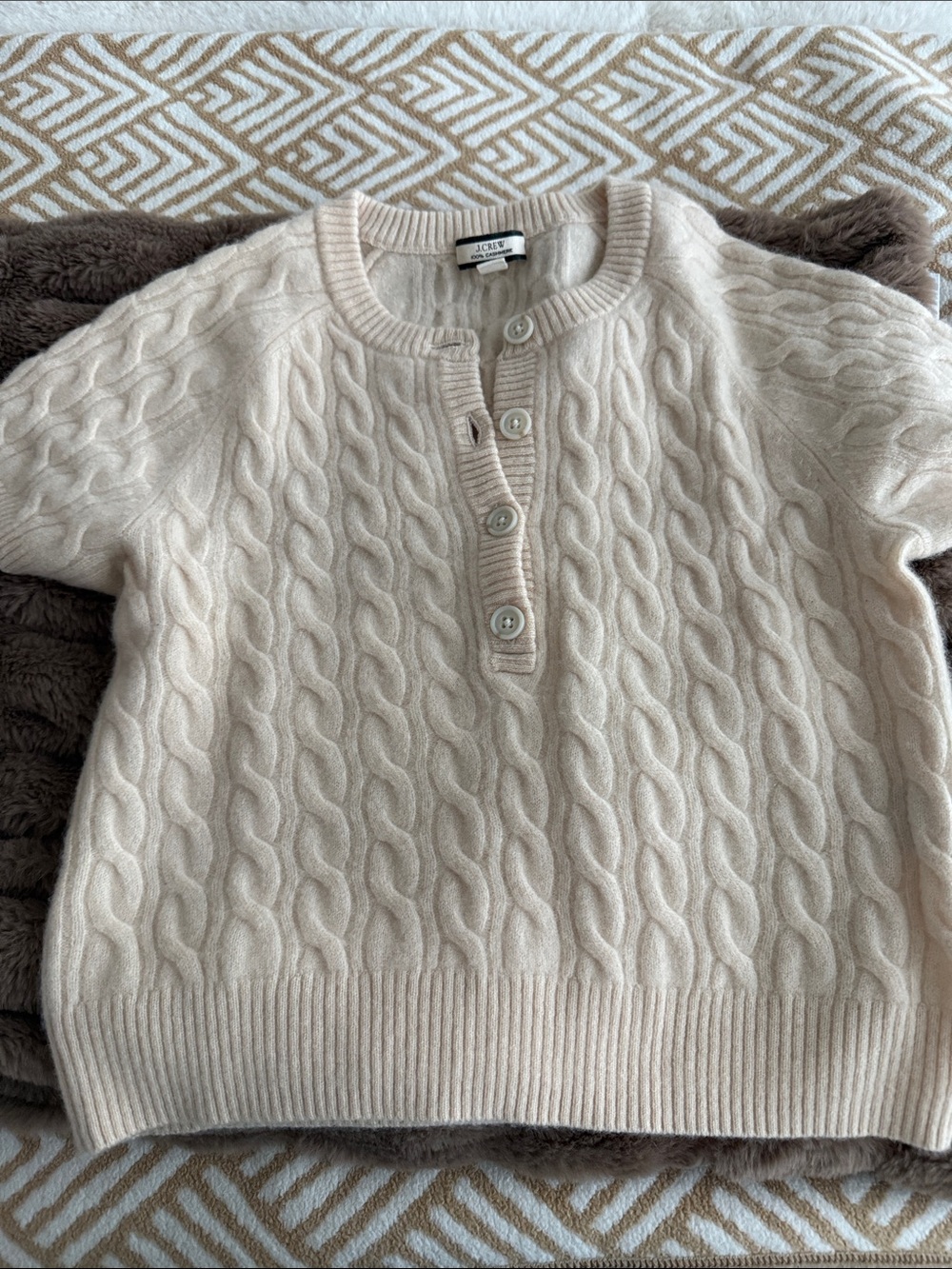 J. Crew Cream Cable-Knit cashmere Henley Sweater short sleeve
